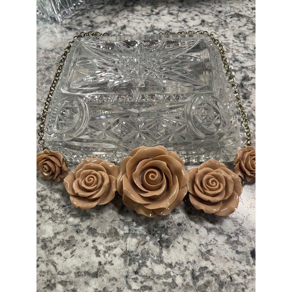 Vintage Lot Tan Resin Rose Floral Bib & White Chunky Statement Necklaces